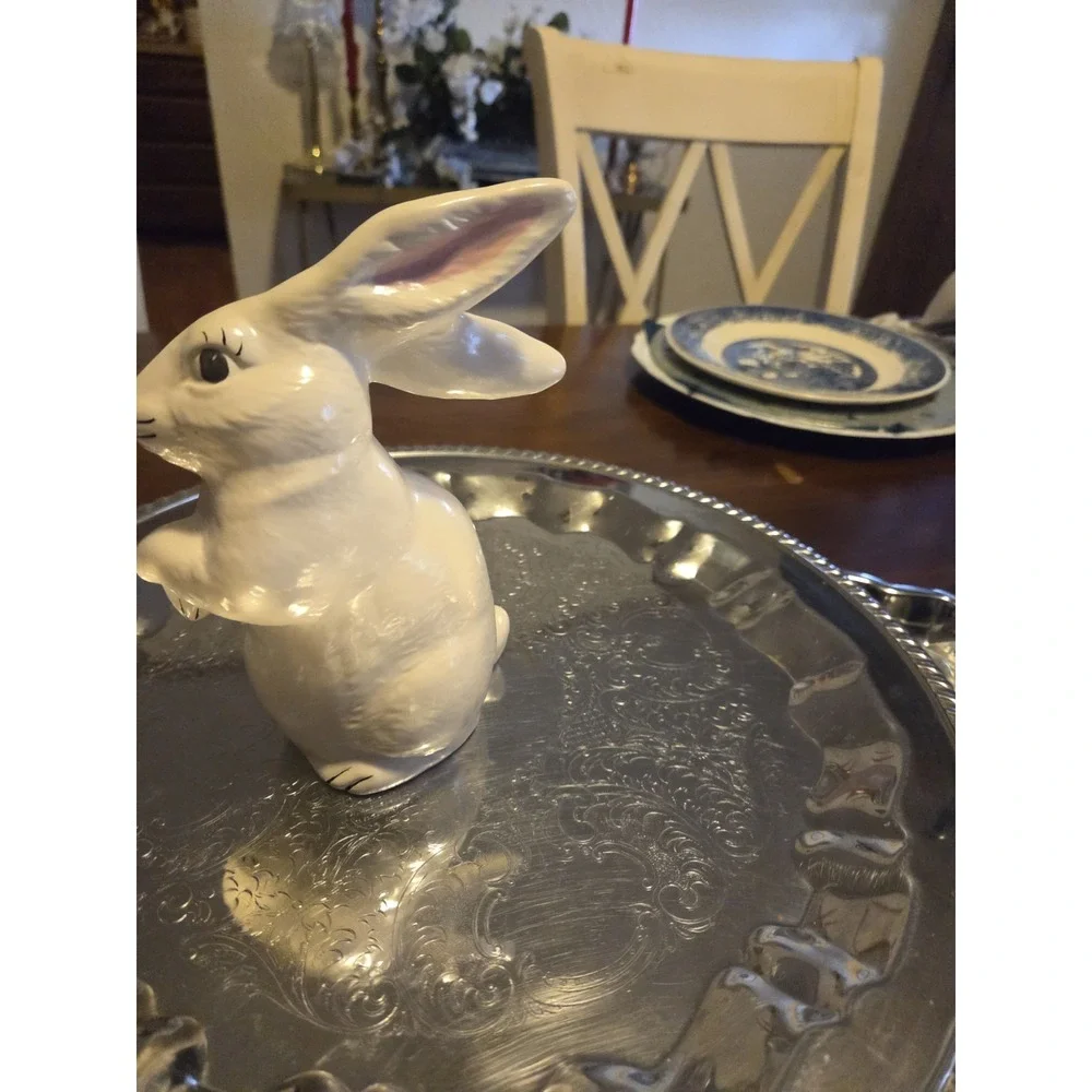 charming vintage glazed ceramic white bunny rabbit figurine, Easter, Cottagecore